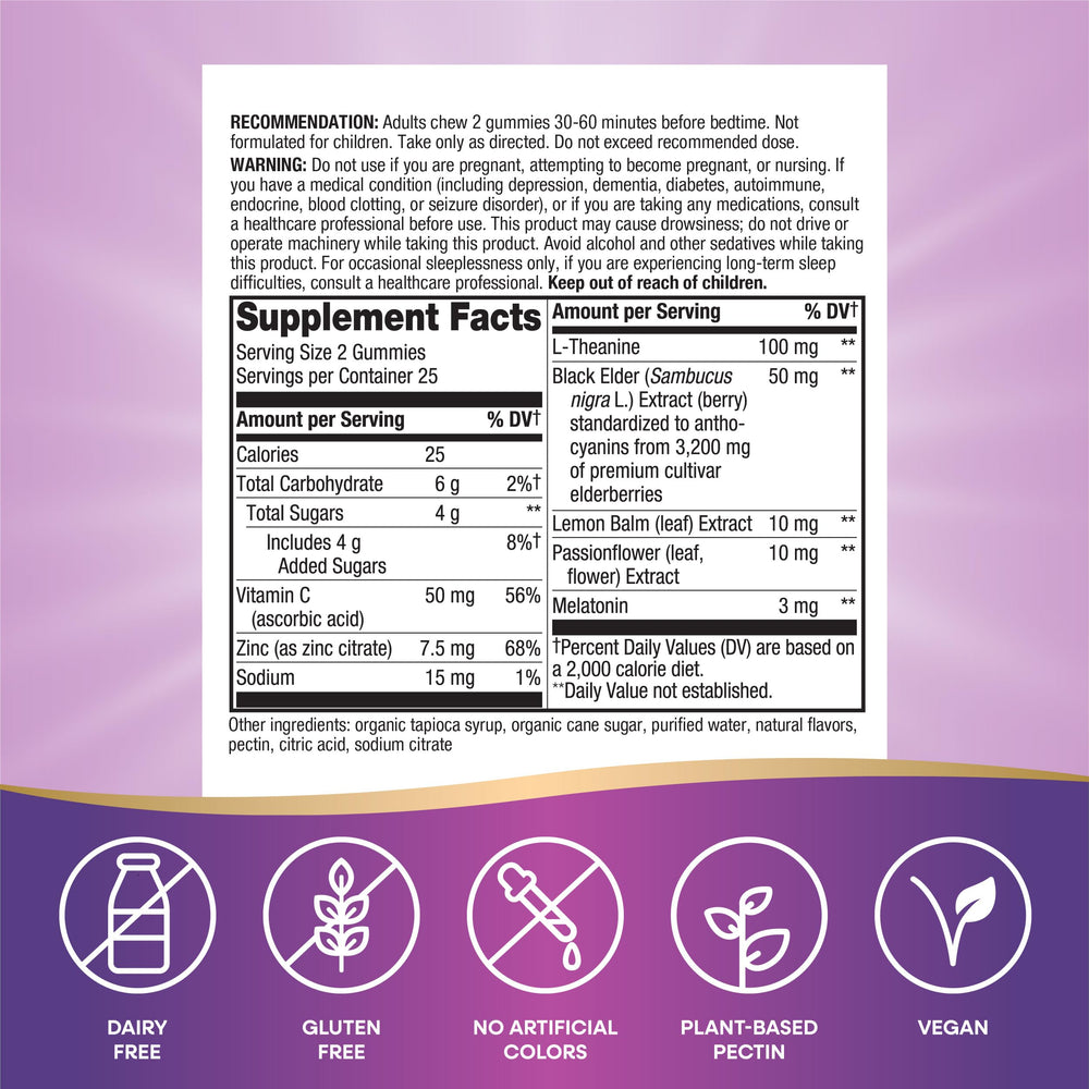 Ingredient panel features elderberry, lemon balm, passionflower, and L-theanine.