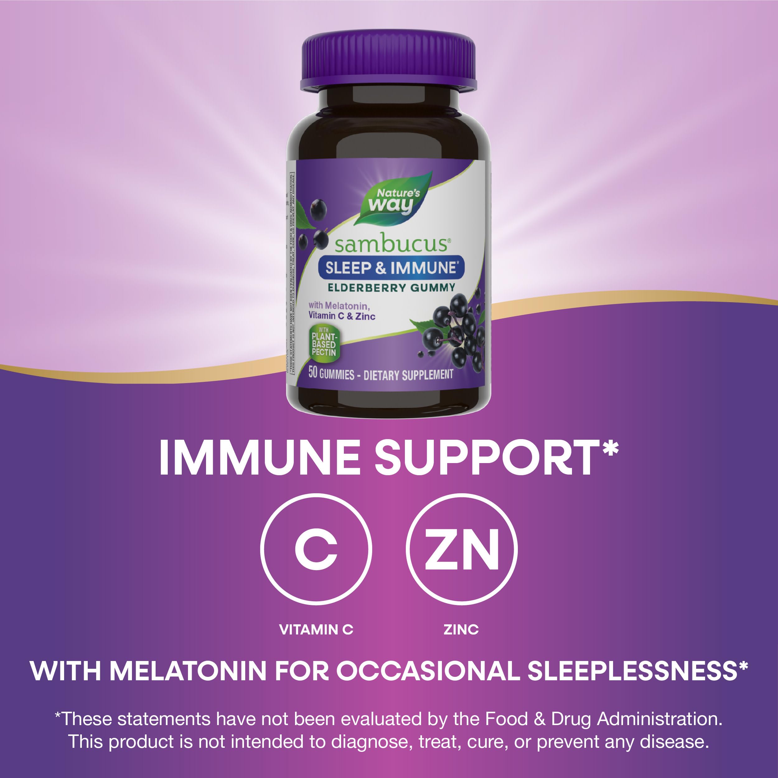 Label image emphasizing elderberry, melatonin, and plant-based ingredients.