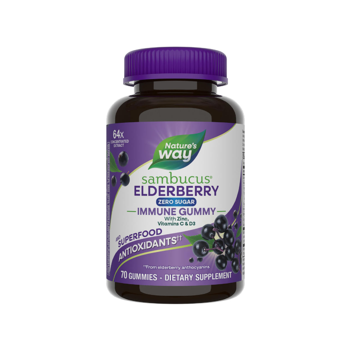 Nature's Way Sambucus Zero Sugar gummies bottle for daily immune support.