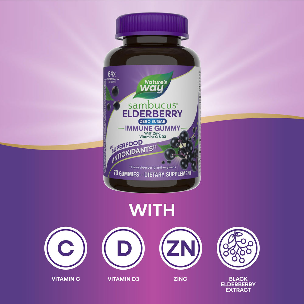 Nature's Way Sambucus gummies show vitamins C, D3, and zinc.