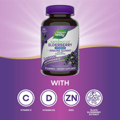Nature's Way Sambucus gummies show vitamins C, D3, and zinc.