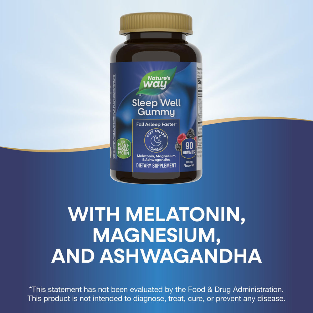Nature's Way Sleep Well Gummies close-up emphasizes texture and ingredients.