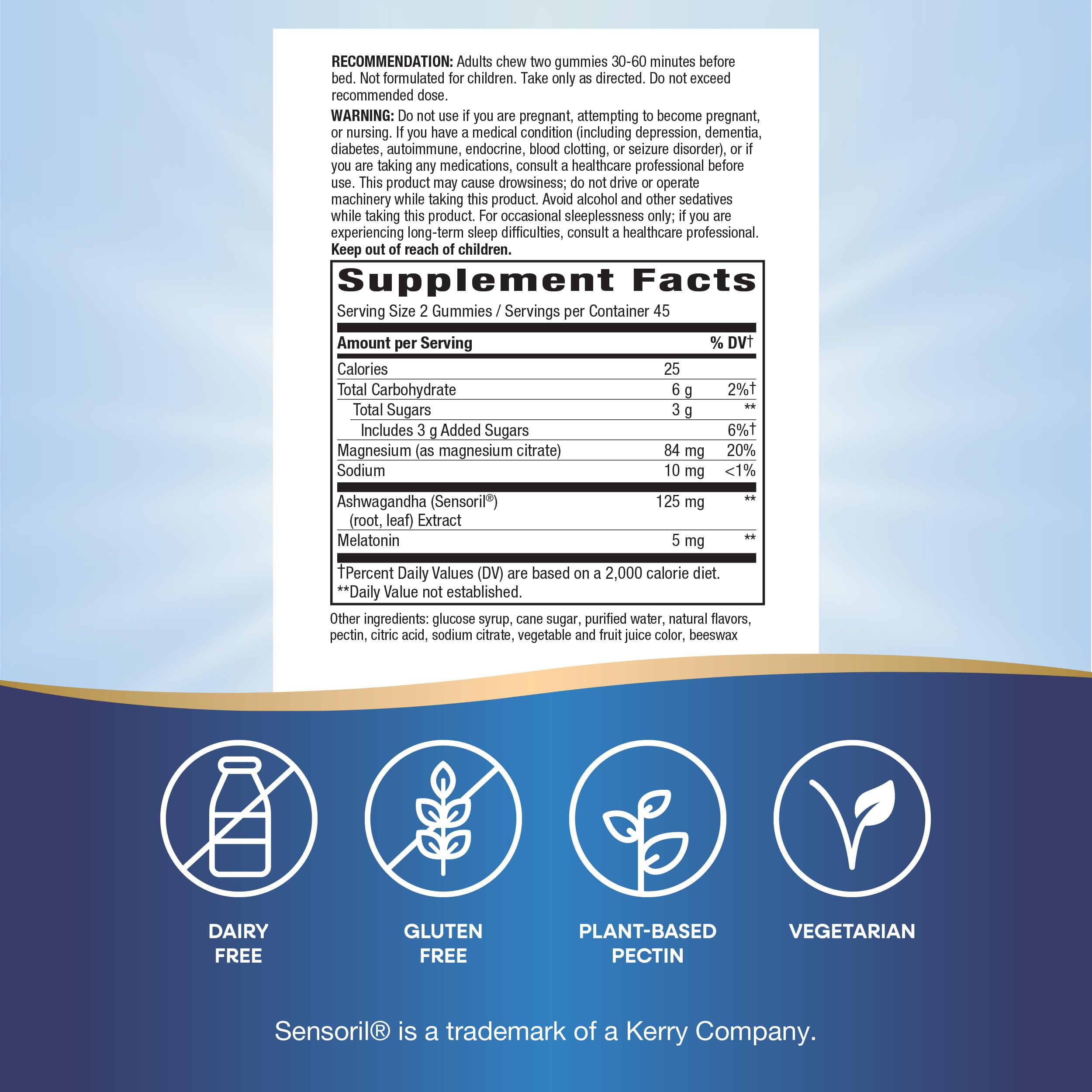 Nature's Way Sleep Well Gummies ingredients label highlights gluten-free plant-based formula.