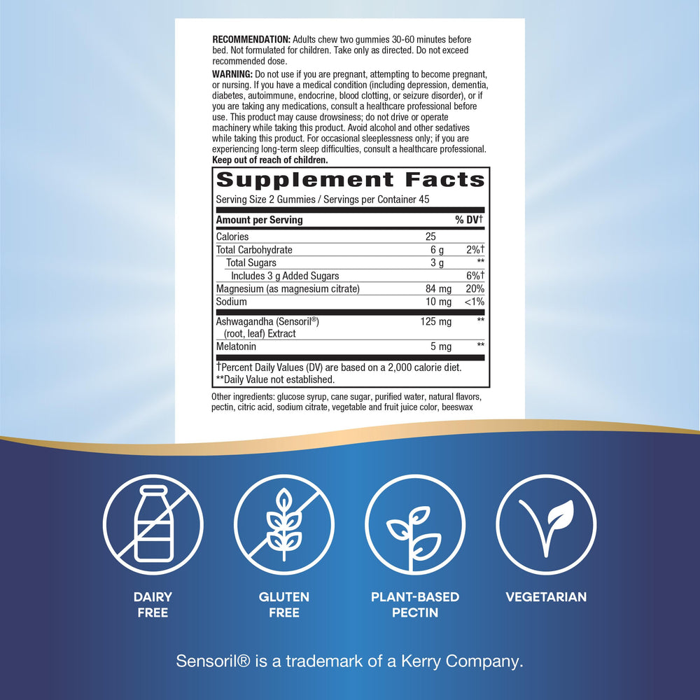 Nature's Way Sleep Well Gummies ingredients label highlights gluten-free plant-based formula.