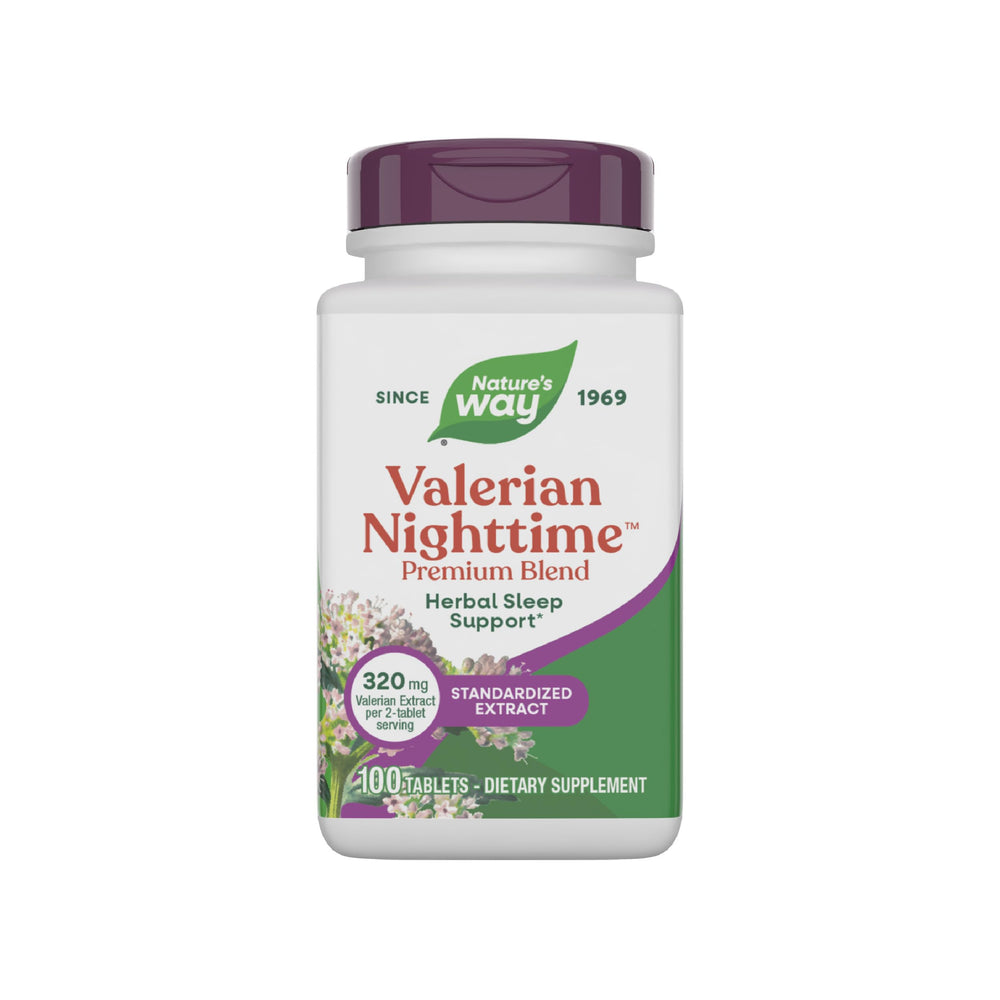 Nature's Way Valerian Nighttime bottle on a bedside table promotes restful evenings.