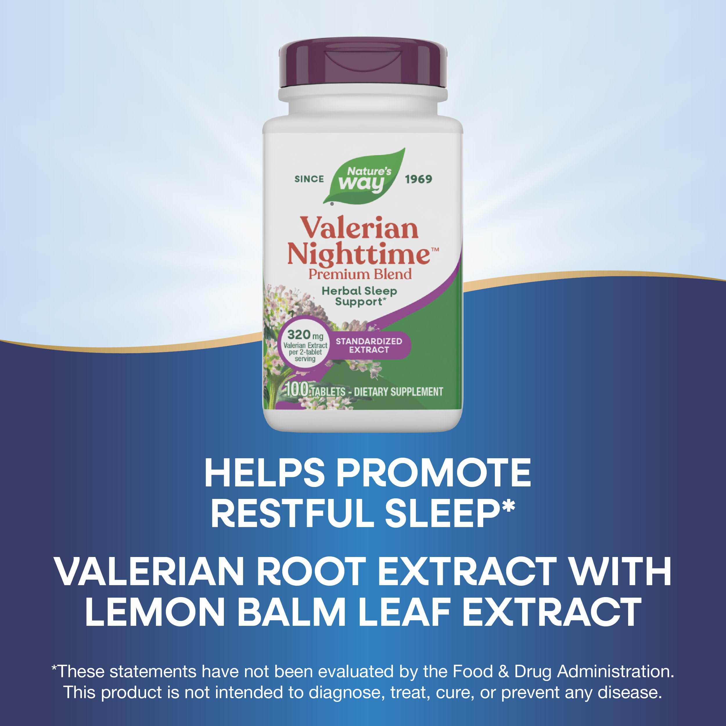 Nature's Way Valerian Nighttime label highlights valerian and lemon balm ingredients.