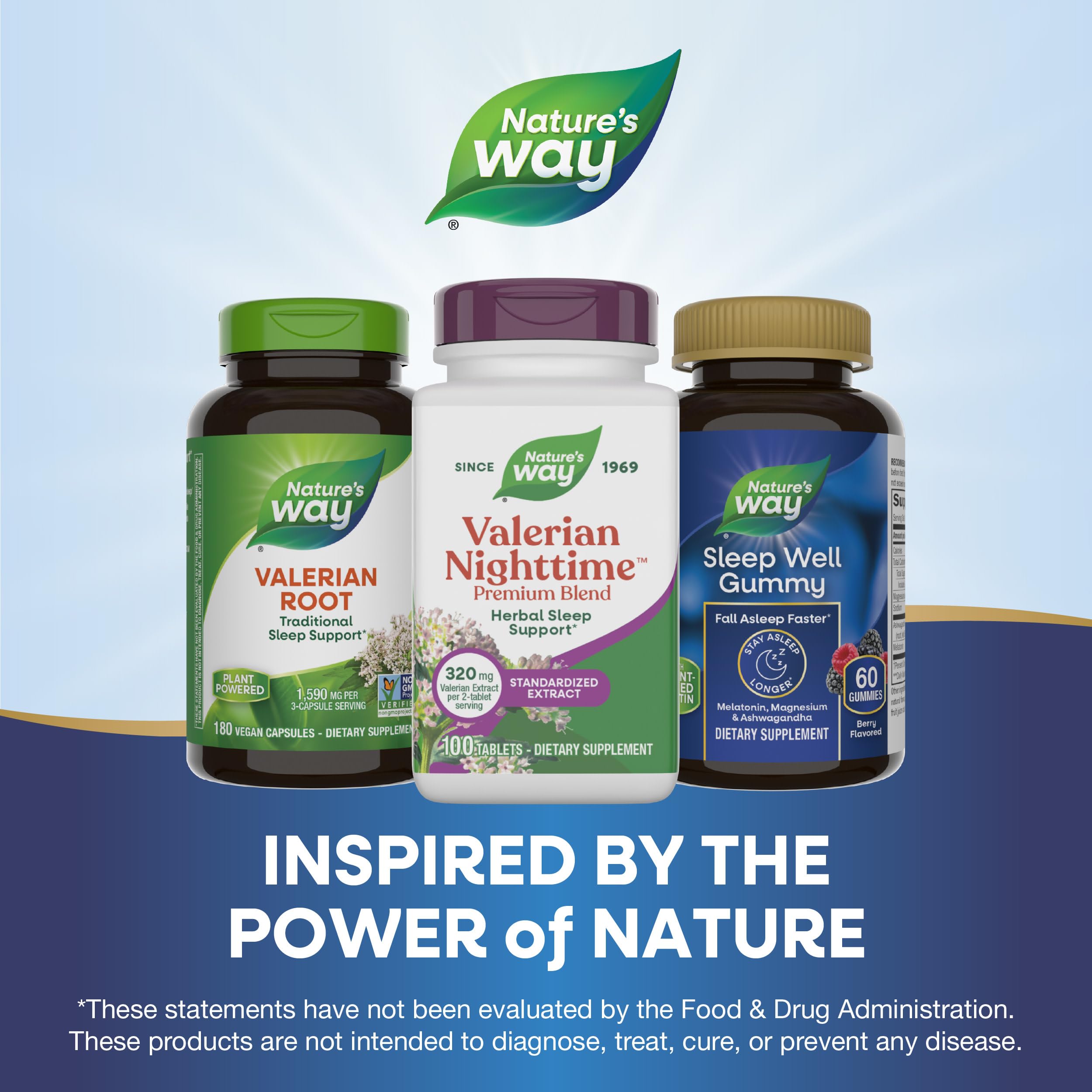 Nature's Way Valerian Nighttime lemon balm extract detail in ingredient list.
