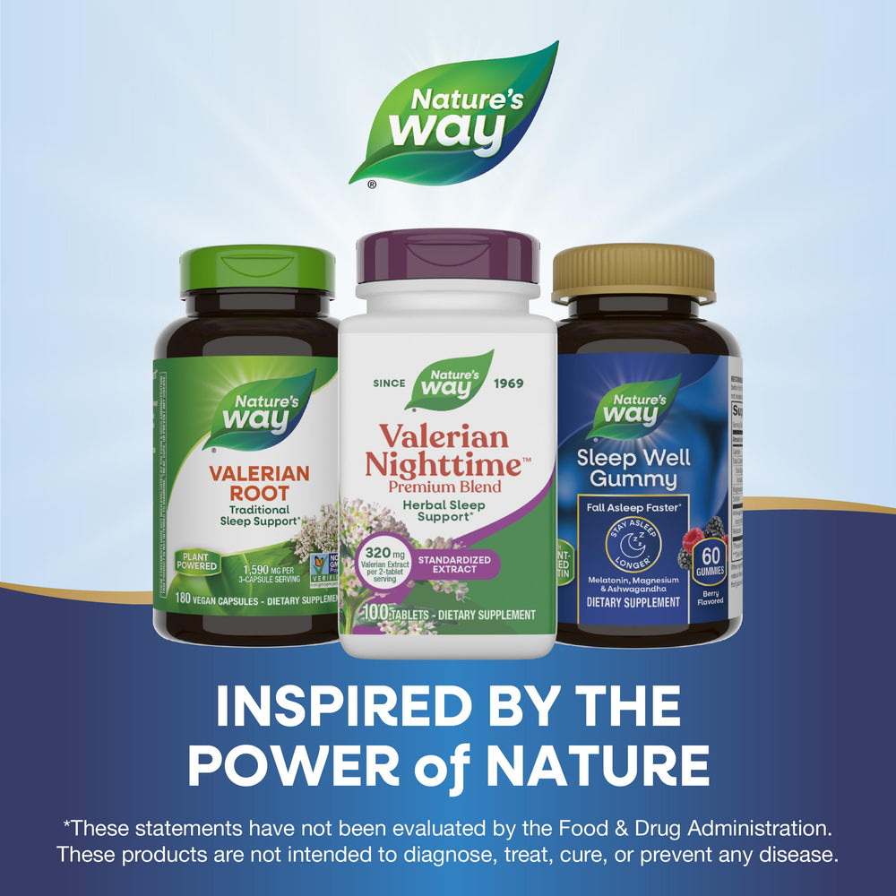 Nature's Way Valerian Nighttime lemon balm extract detail in ingredient list.