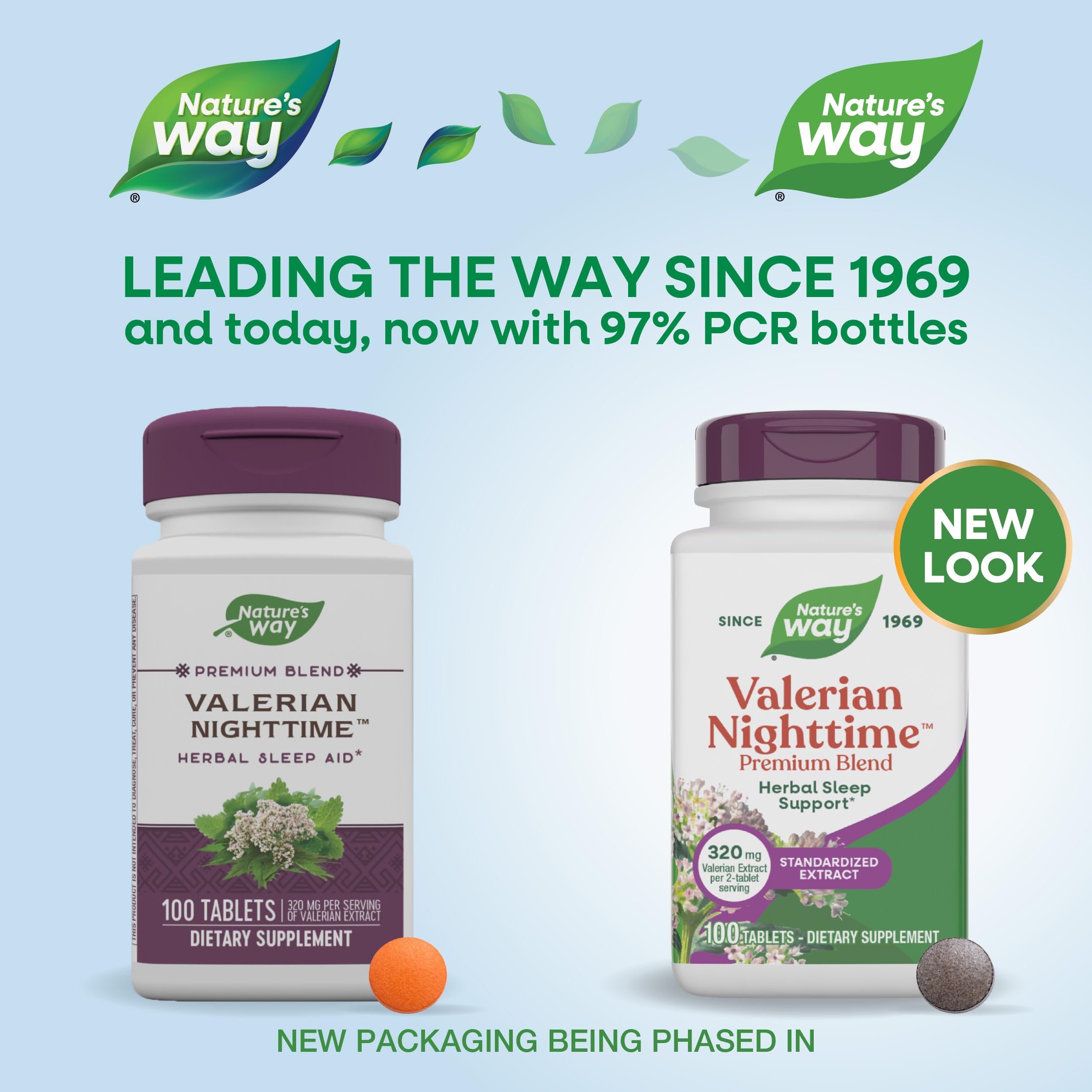 Nature's Way Valerian Nighttime tablets close-up supports calm evenings and sleep preparation.