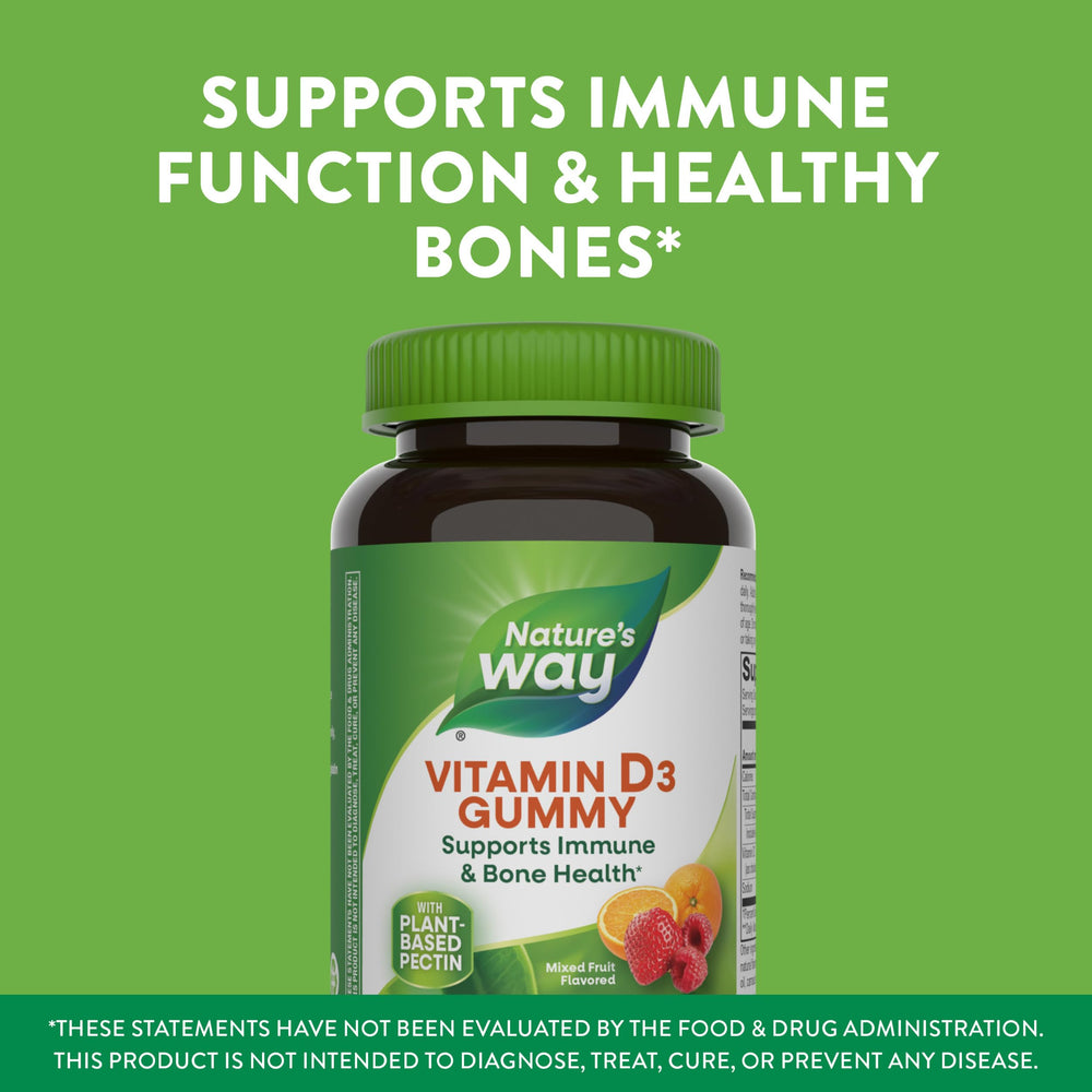 Nature's Way Vitamin D3 Gummies bottle label highlights calcium support for bones