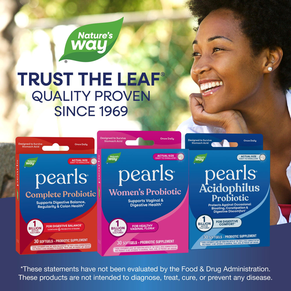 Packaging highlights vaginal and digestive support from Nature's Way Pearls.