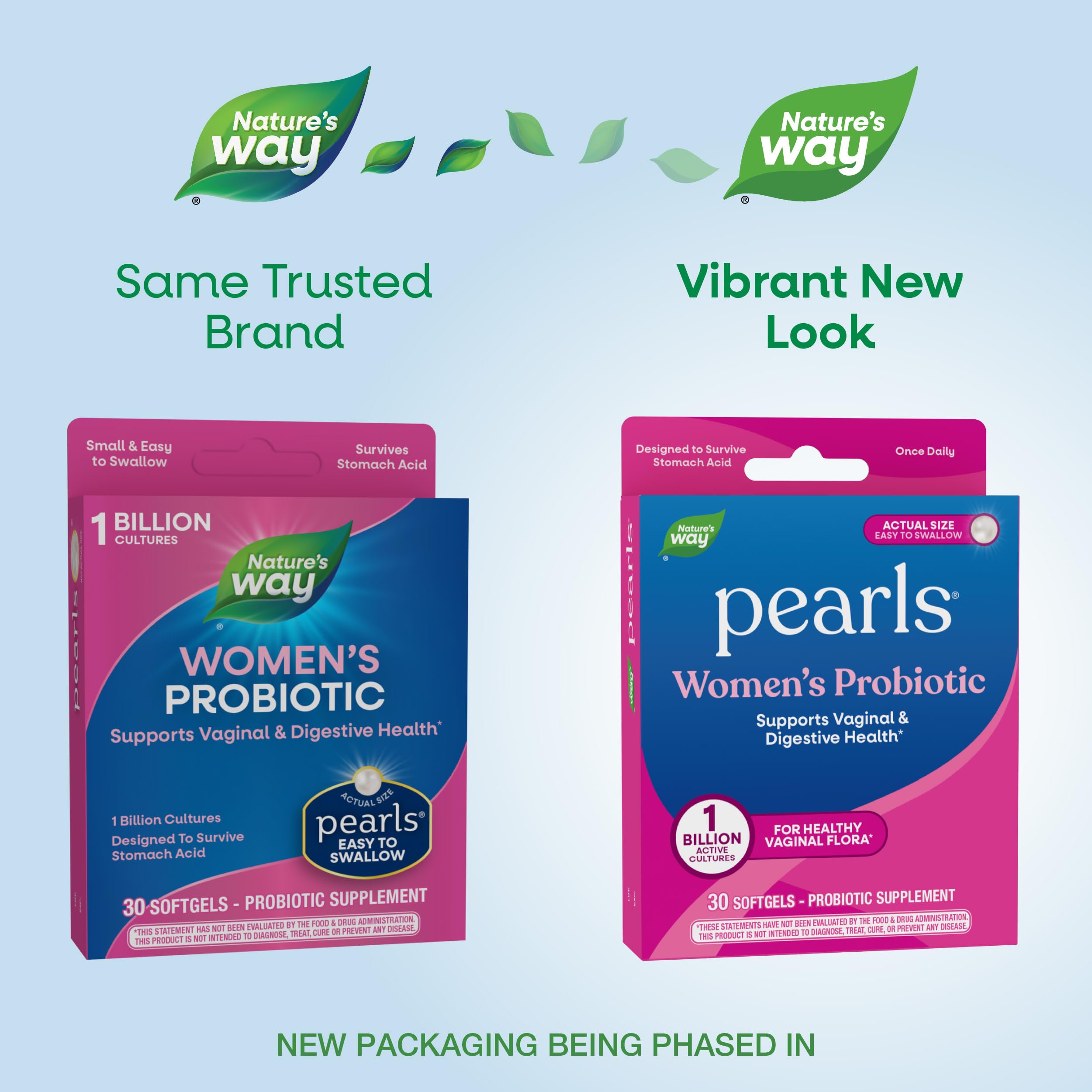 Close-up of Nature's Way Women's Probiotic Pearls softgels for easy swallowing.