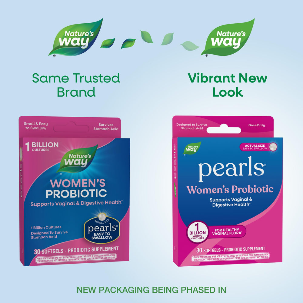 Close-up of Nature's Way Women's Probiotic Pearls softgels for easy swallowing.