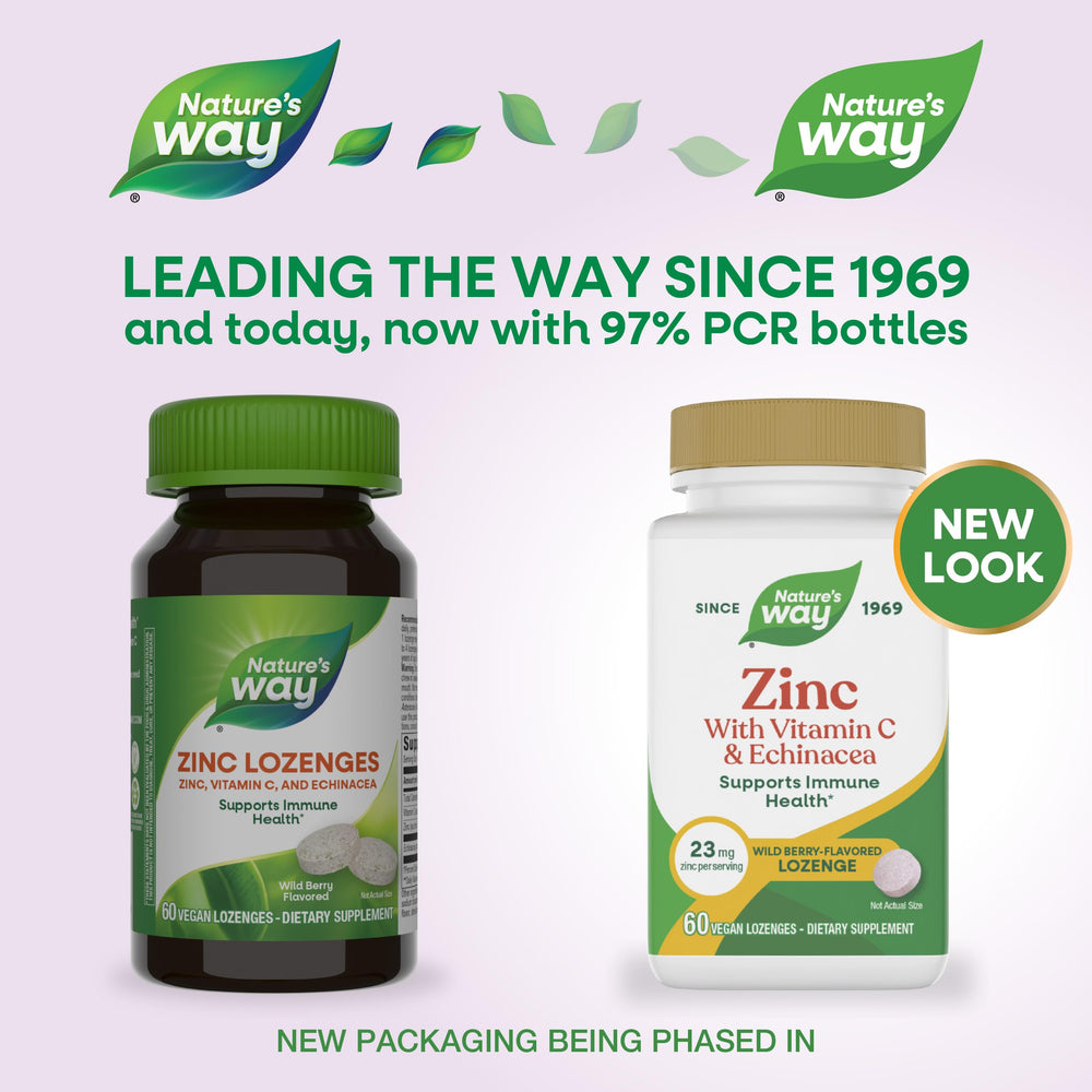 Nature's Way Zinc Lozenges bottle side highlighting zinc and vitamin C blend