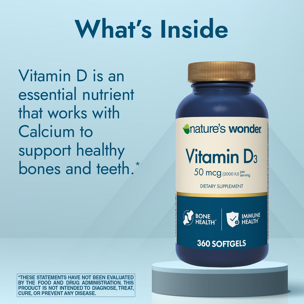 Nature's Wonder Vitamin D3 bottle label detailing gluten-free and allergen-free formula
