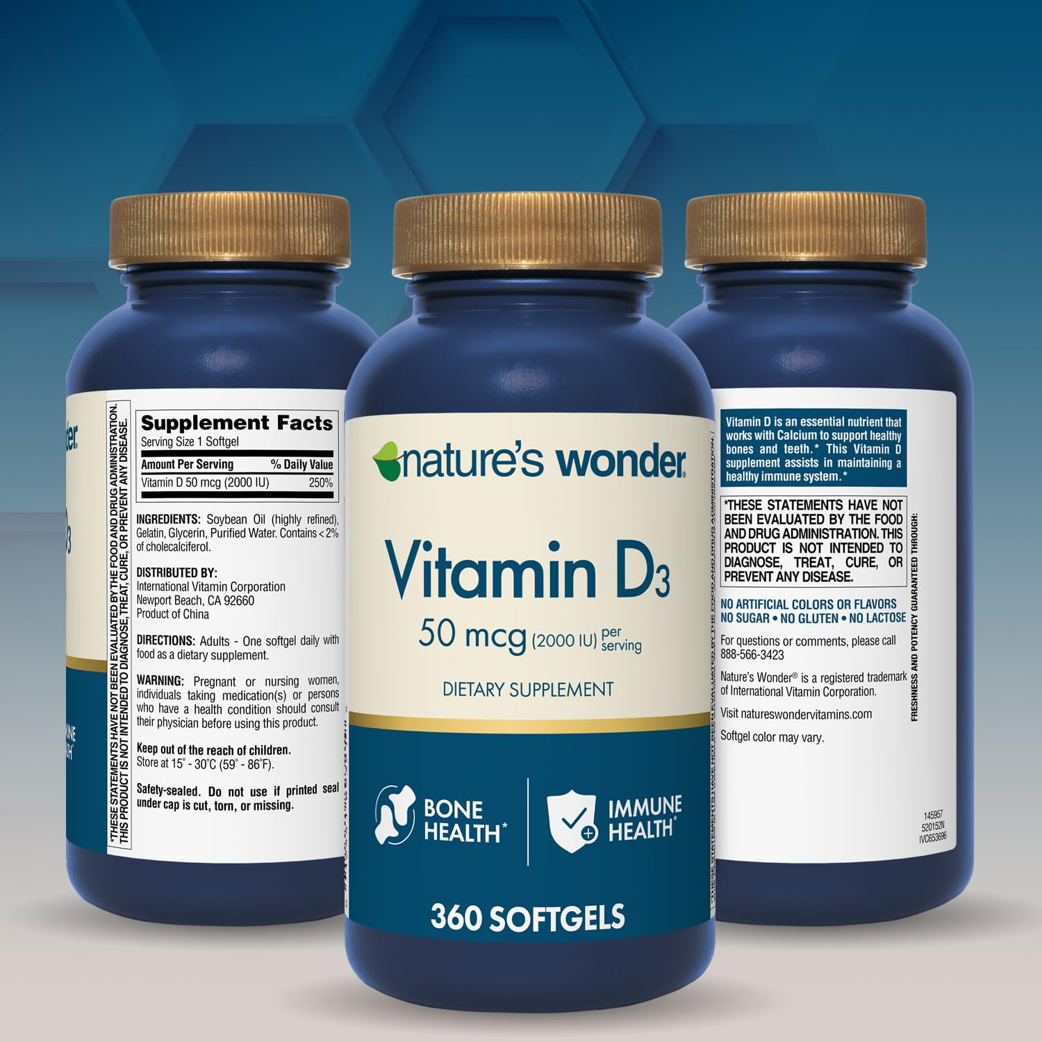 Nature's Wonder D3 bottle on white backdrop highlighting immune support potential