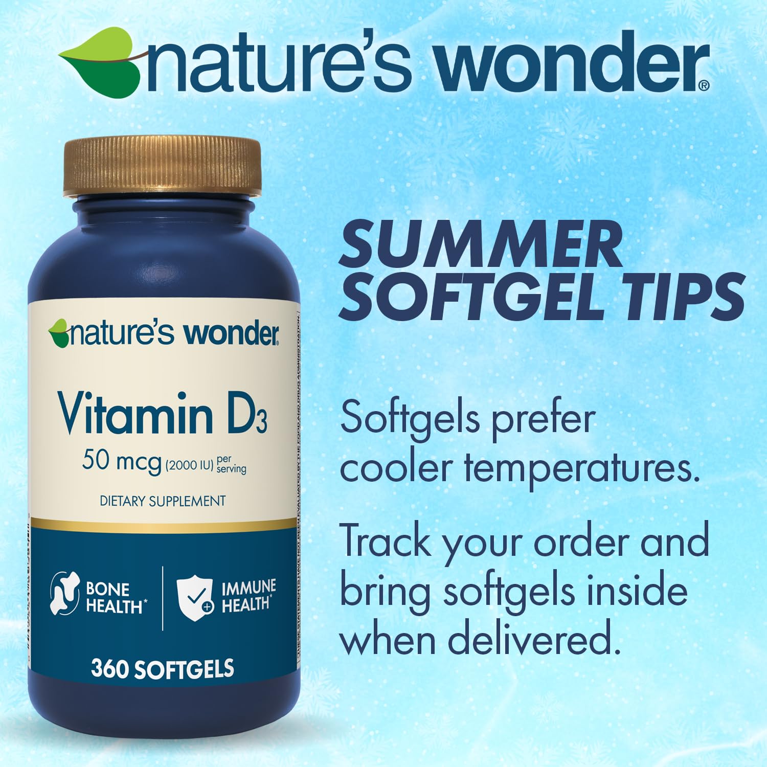 Nature's Wonder D3 softgels sealed bottle with easy-open cap
