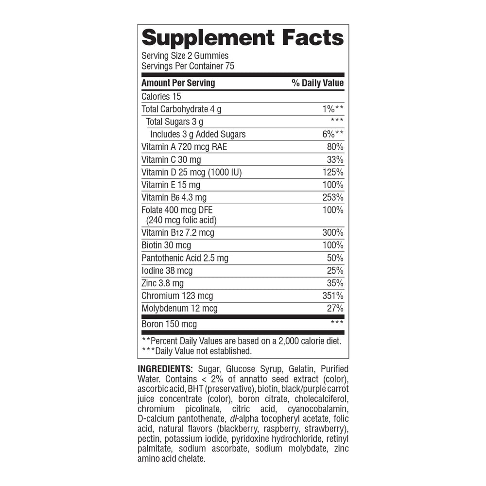Nature's Wonder Men's Multivitamin Gummies close-up with fruit graphics highlighting metabolism and muscle health