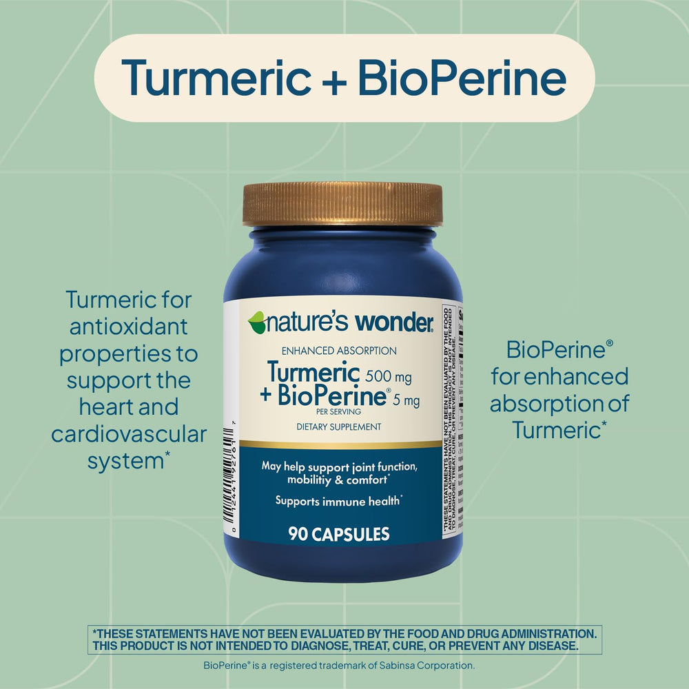 Nature's Wonder Turmeric bottle label highlights BioPerine for enhanced absorption.
