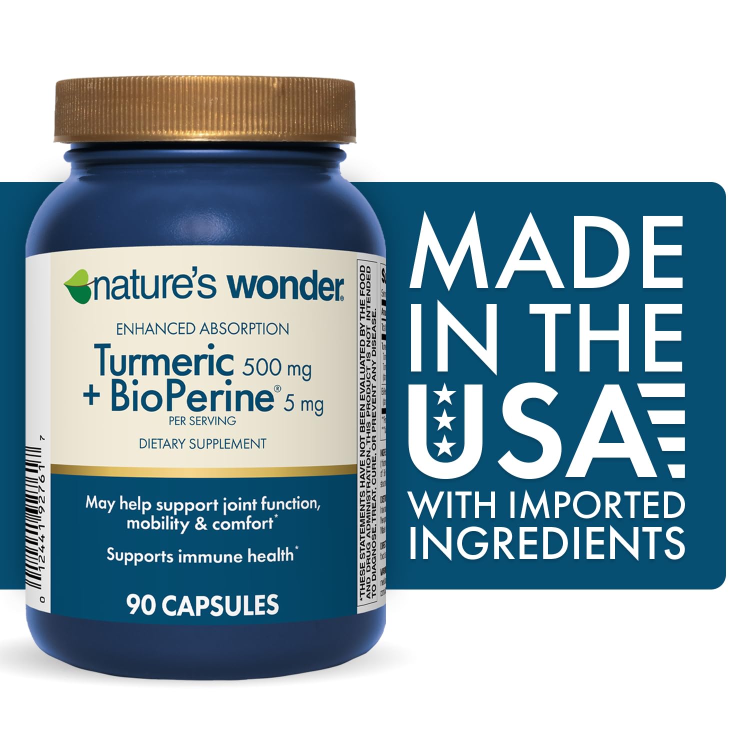 Nature's Wonder Turmeric capsules close-up shows easy, body-ready capsules for daily use.