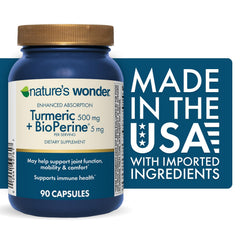 Nature's Wonder Turmeric capsules close-up shows easy, body-ready capsules for daily use.
