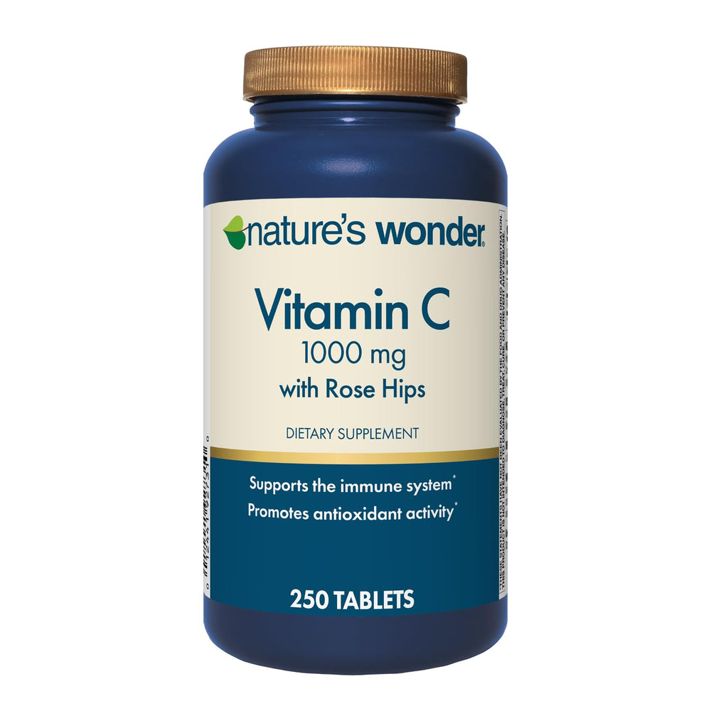 Nature's Wonder Vitamin C bottle with rose hips for immune support