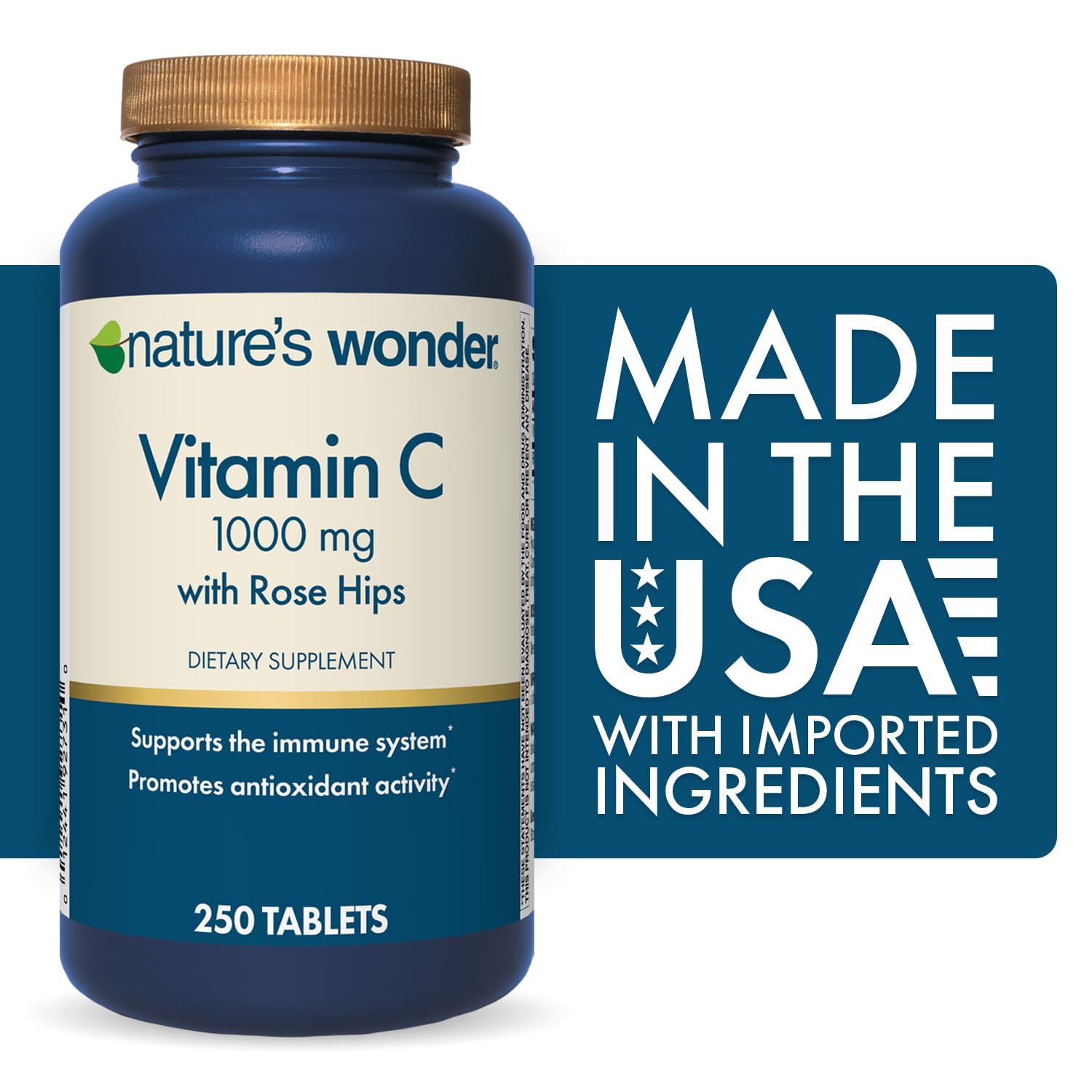 Close-up of Nature's Wonder tablets with rose hips blend for daily wellness