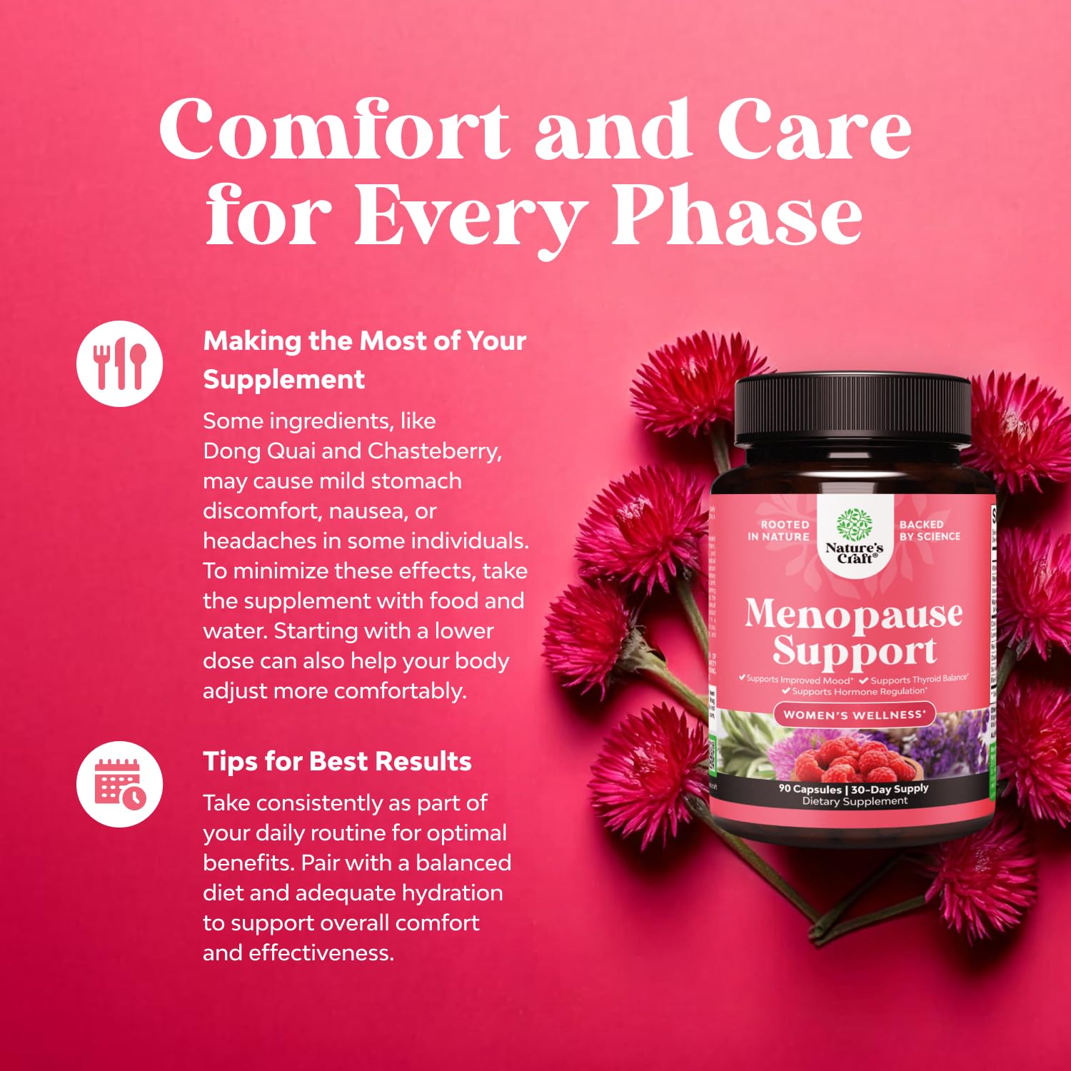 Nature's Craft Black Cohosh ingredient promotes hot flash ease within a herbal blend.