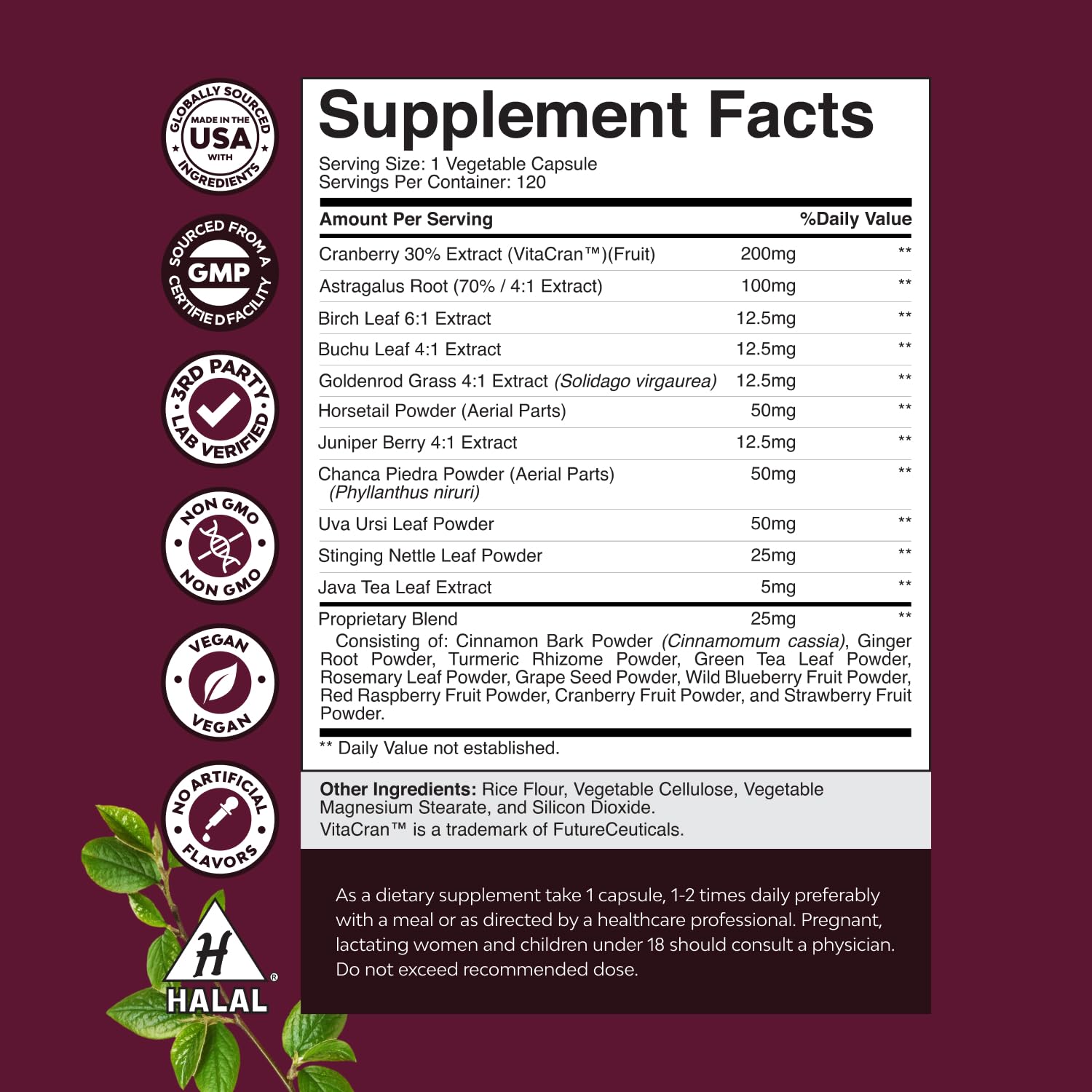 Nature's Craft Kidney Cleanse ingredients blend features cranberry and Uva Ursi for urinary support