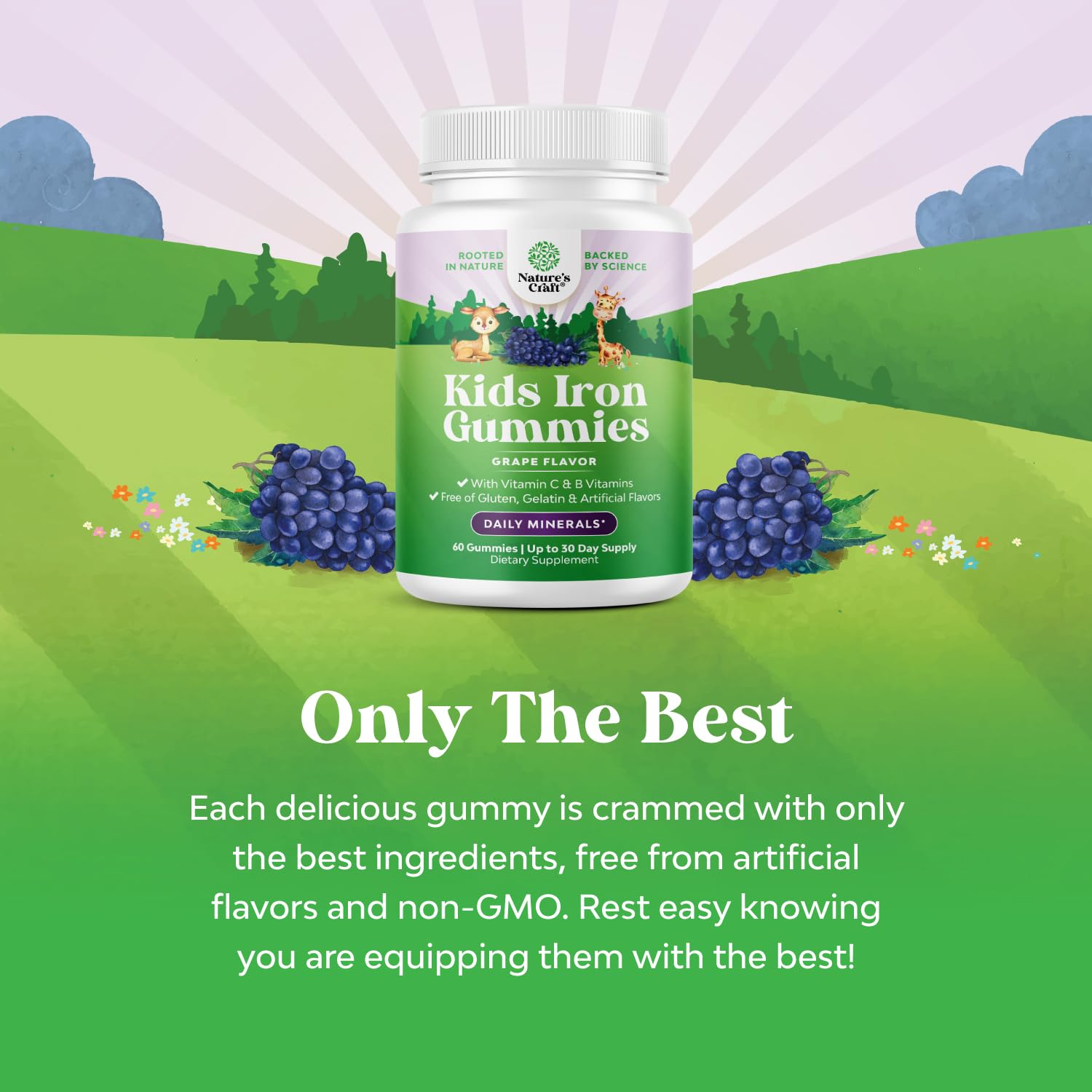Natures Craft Kids Iron Gummies dosing bottle demonstrates easy daily chews