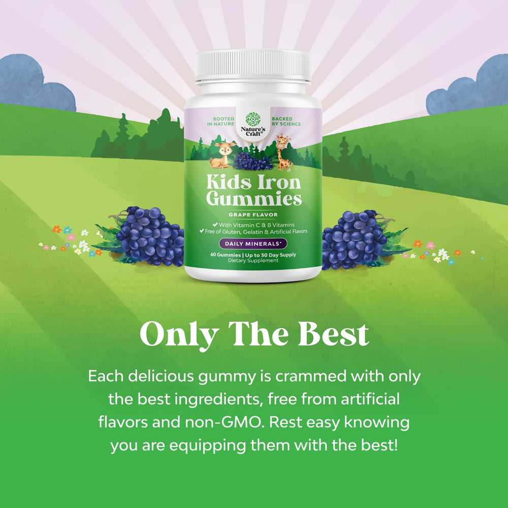 Natures Craft Kids Iron Gummies dosing bottle demonstrates easy daily chews