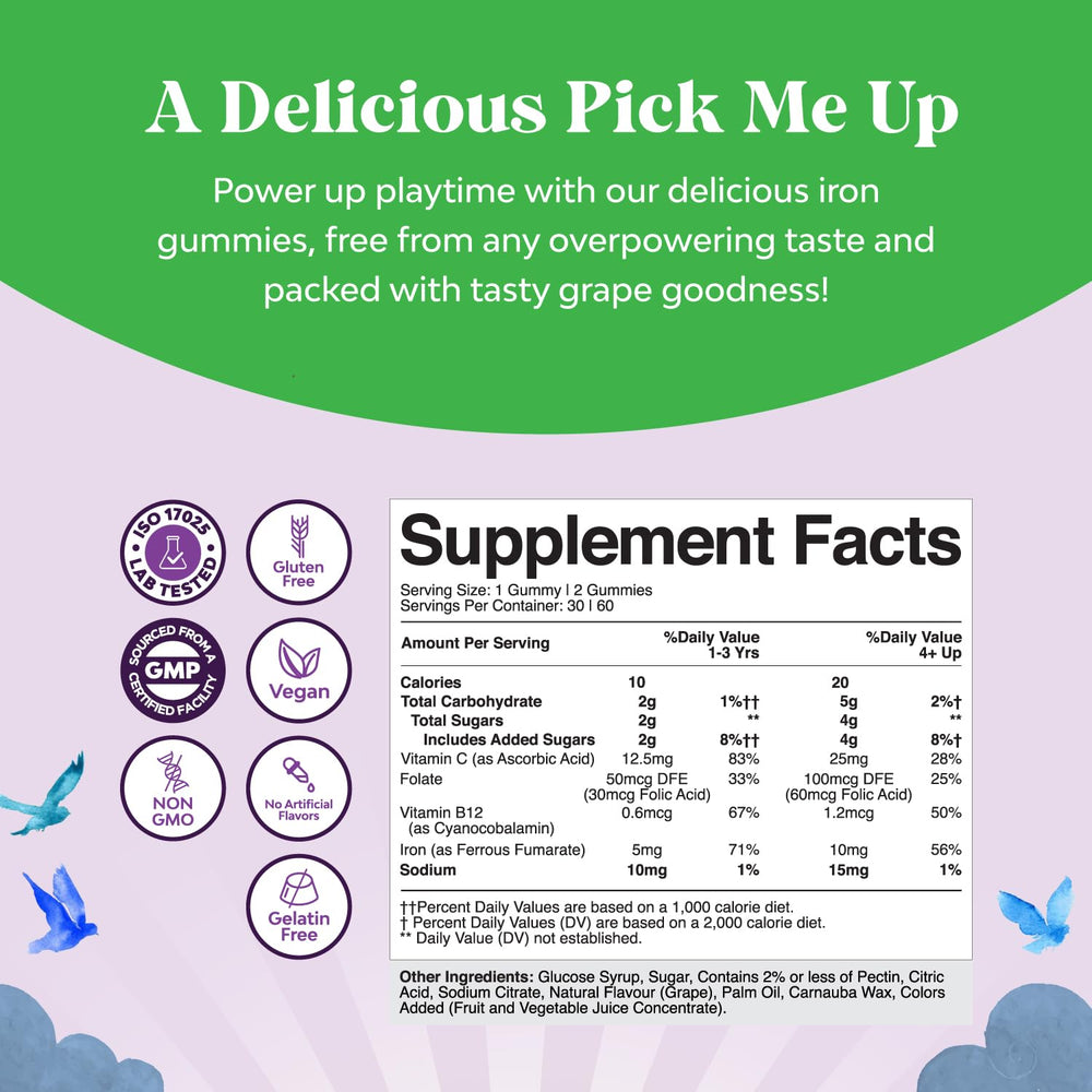 Natures Craft Kids Iron Gummies ingredients close-up with vitamins B12 Folate and C
