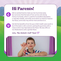 Natures Craft Kids Iron Gummies packaging label showing vegan and gluten-free promise