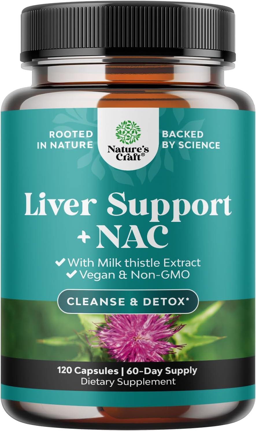 Natures Craft Liver Support bottle front showcases NAC blend for liver health and detox.