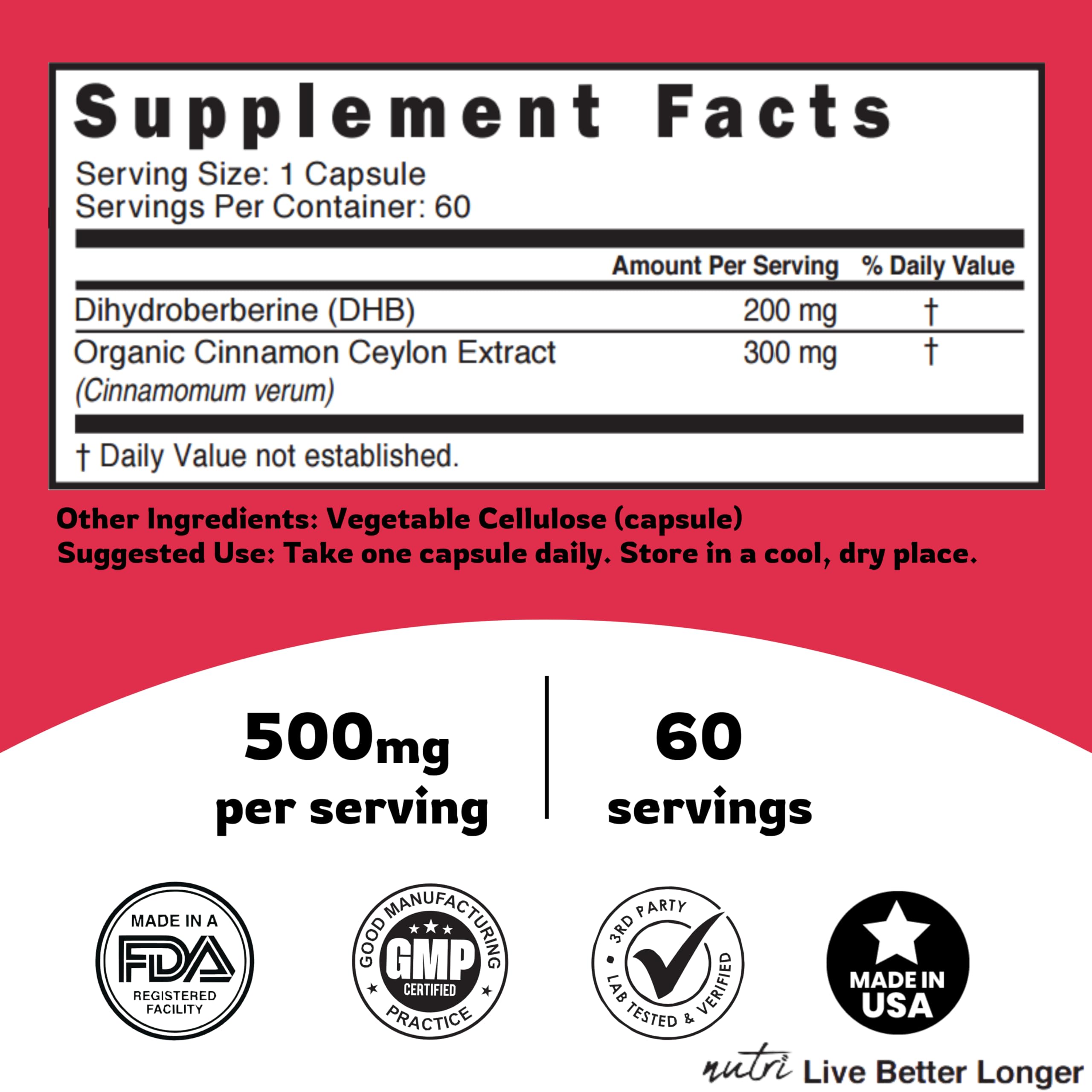 Nature's Fusions Dihydroberberine USA lab testing badge signaling quality.