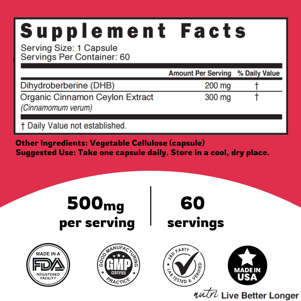 Nature's Fusions Dihydroberberine USA lab testing badge signaling quality.