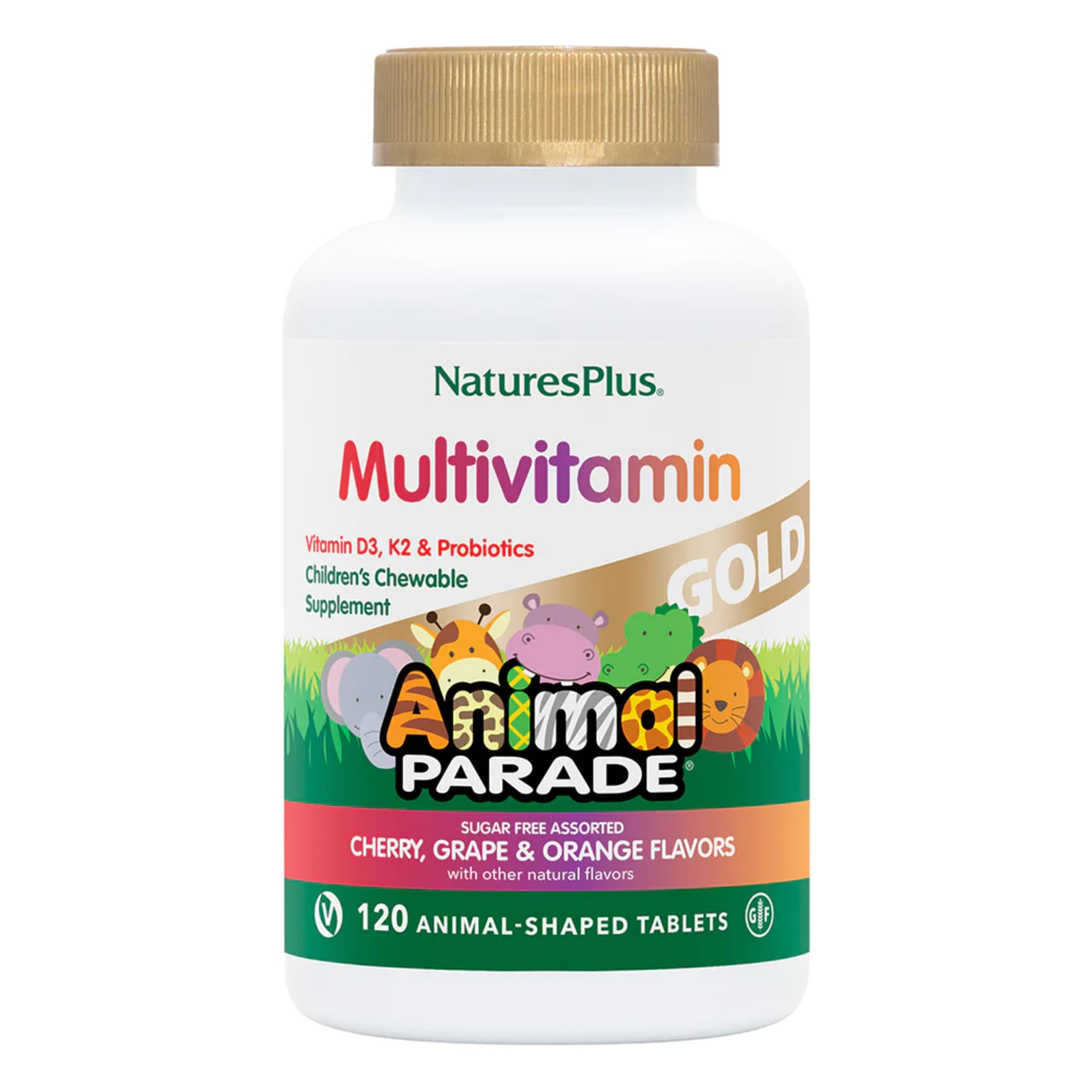 NaturesPlus Animal Parade Gold bottle front, kid-friendly daily nutrition.