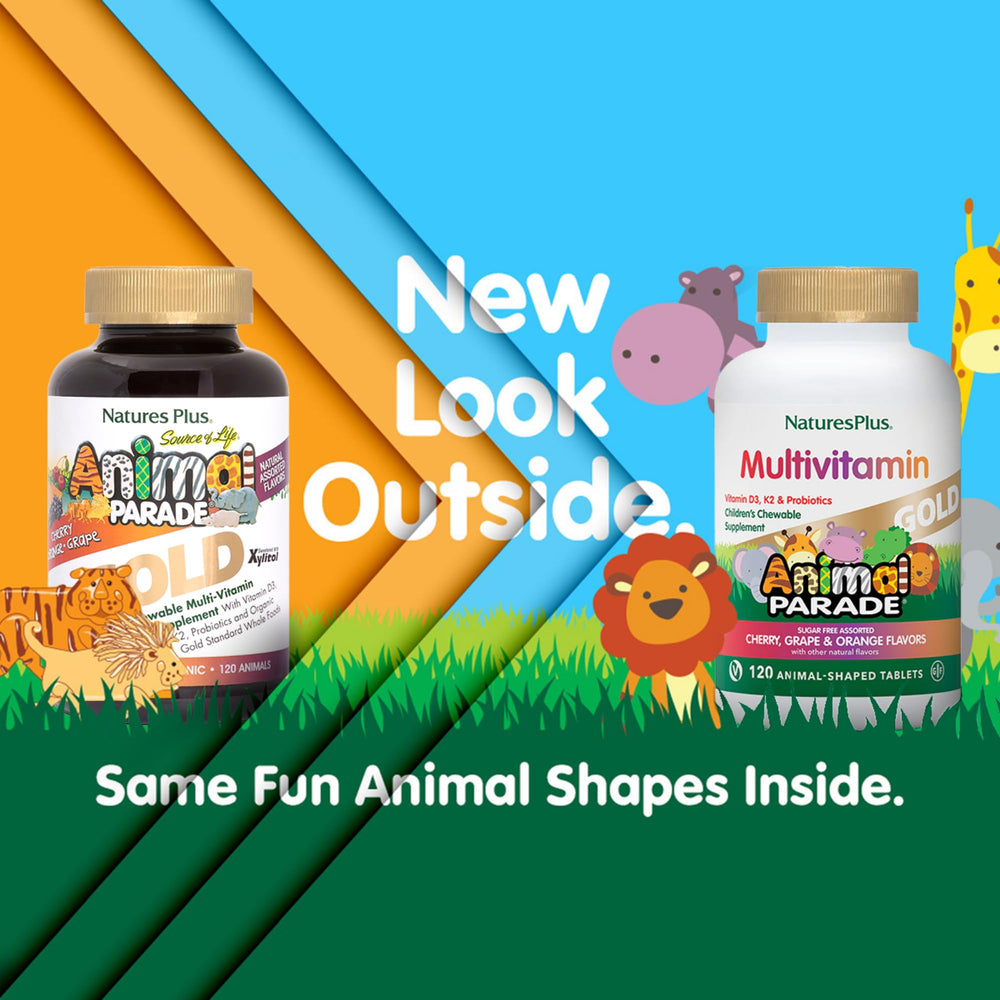 NaturesPlus Animal Parade Gold chewables designed for kid-friendly daily nutrition.