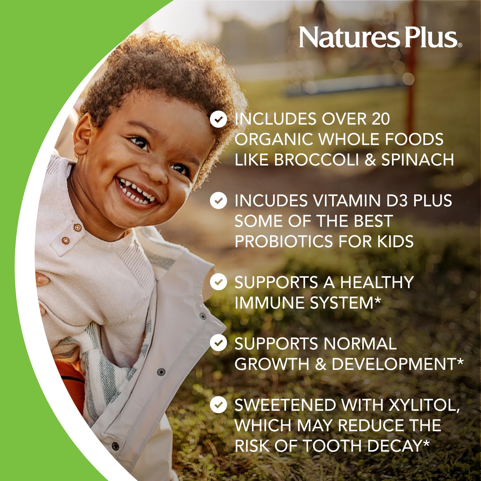 NaturesPlus Animal Parade Gold nutrition label close-up with vitamin D3 information.