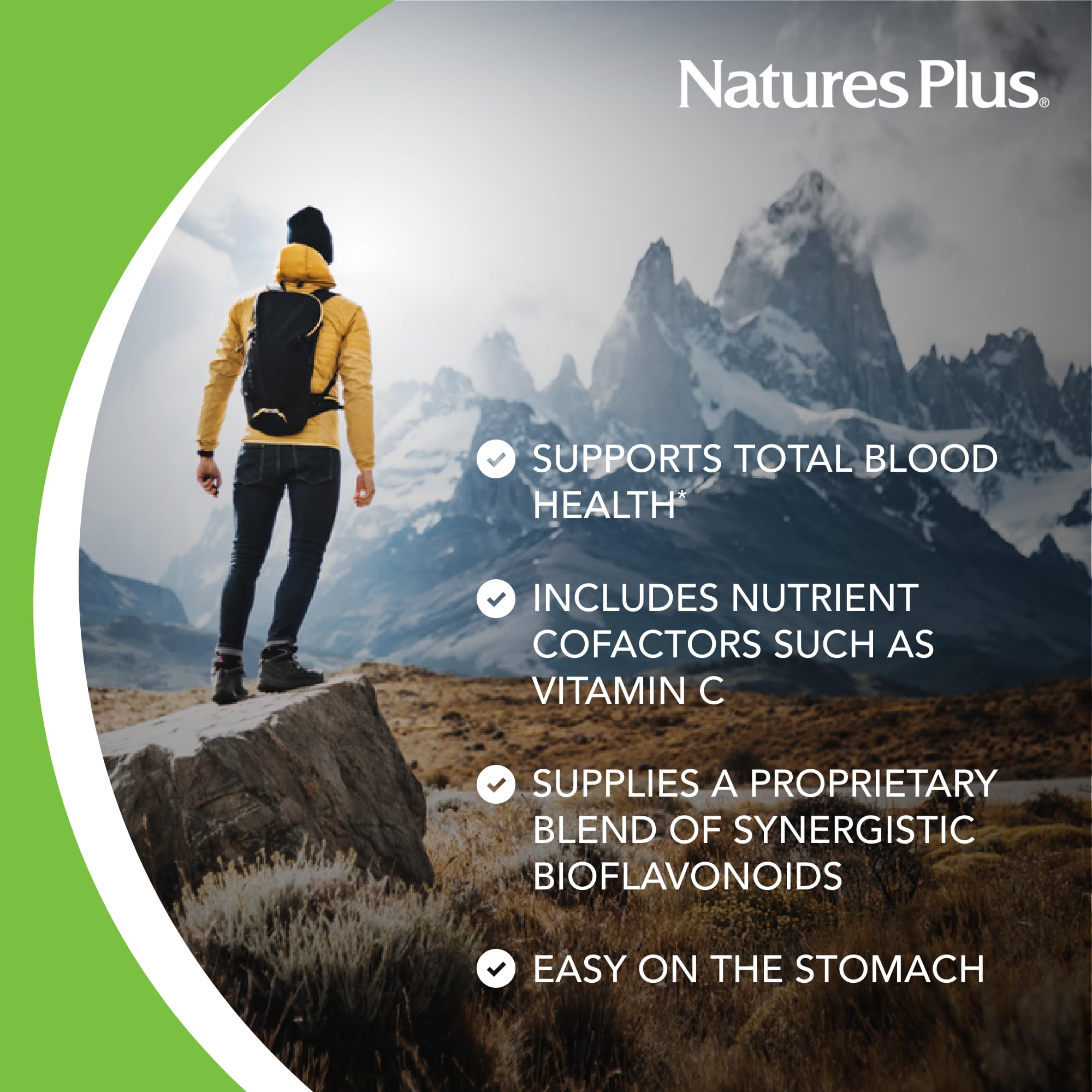 NaturesPlus Hema-Plex Iron label highlights vitamin C and bioflavonoids for mineral utilization.