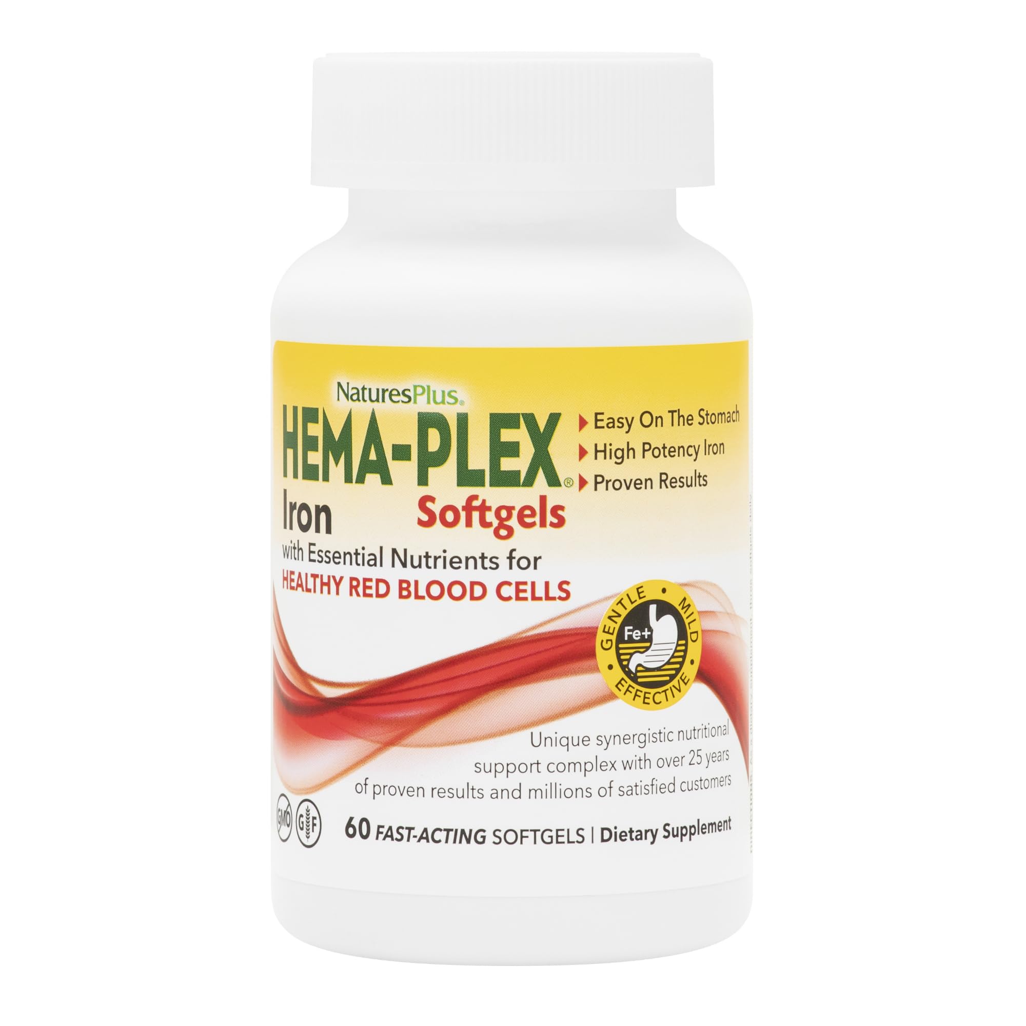 NaturesPlus Hema-Plex Iron softgels bottle close-up for easy daily iron intake