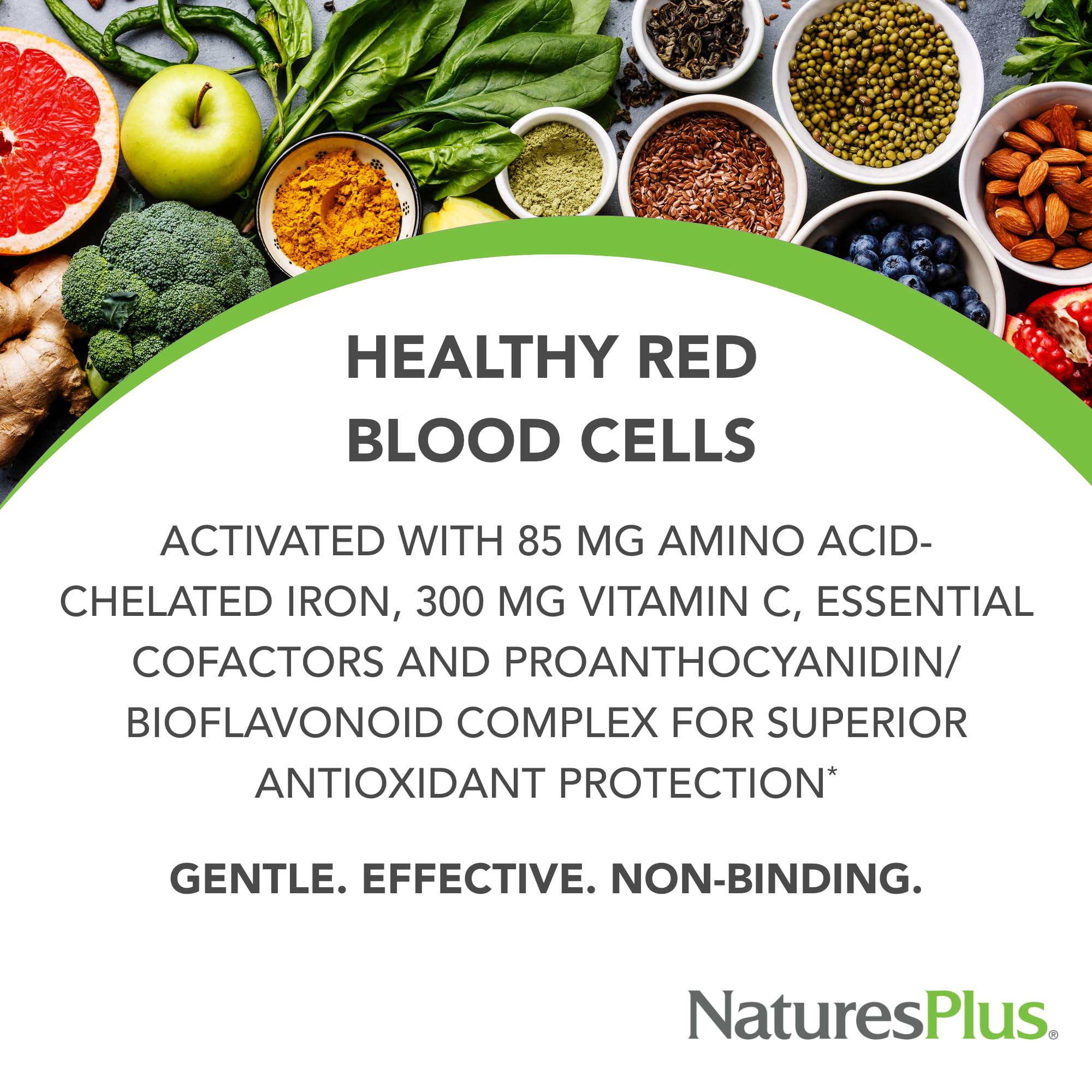 Close-up of NaturesPlus Hema-Plex Iron softgels showing high-potency iron.