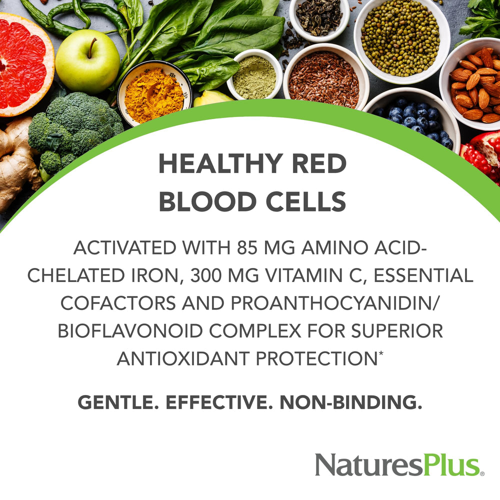 Close-up of NaturesPlus Hema-Plex Iron softgels showing high-potency iron.