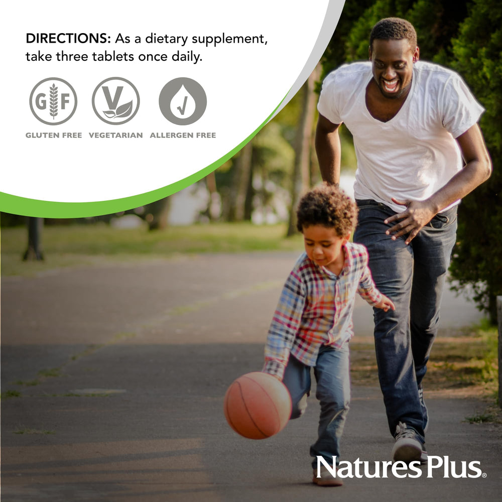 NaturesPlus Source of Life Gold bottle detail highlighting vitamin D3, B12, K2.
