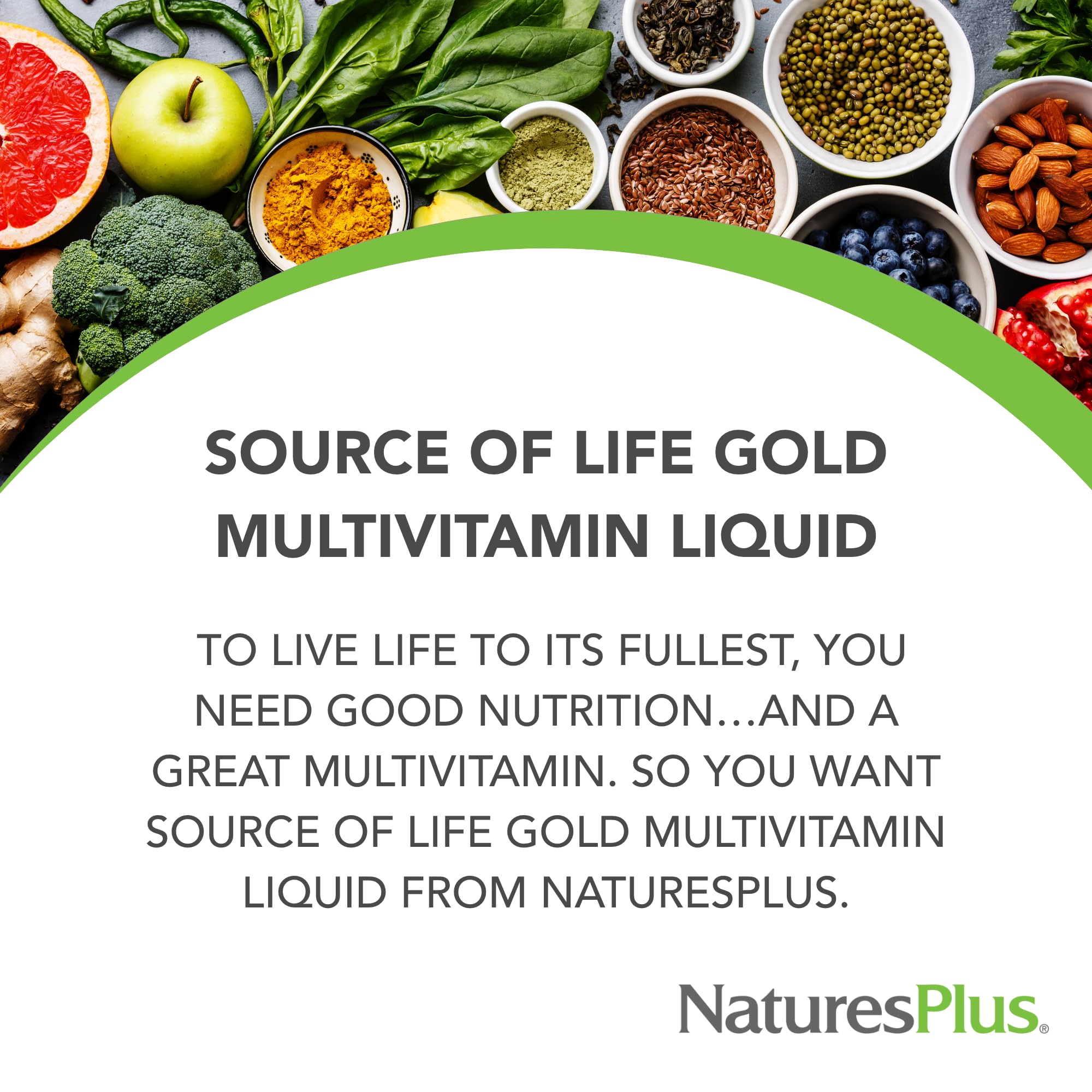 NaturesPlus Source of Life GOLD bottle pour showing convenient dosing.