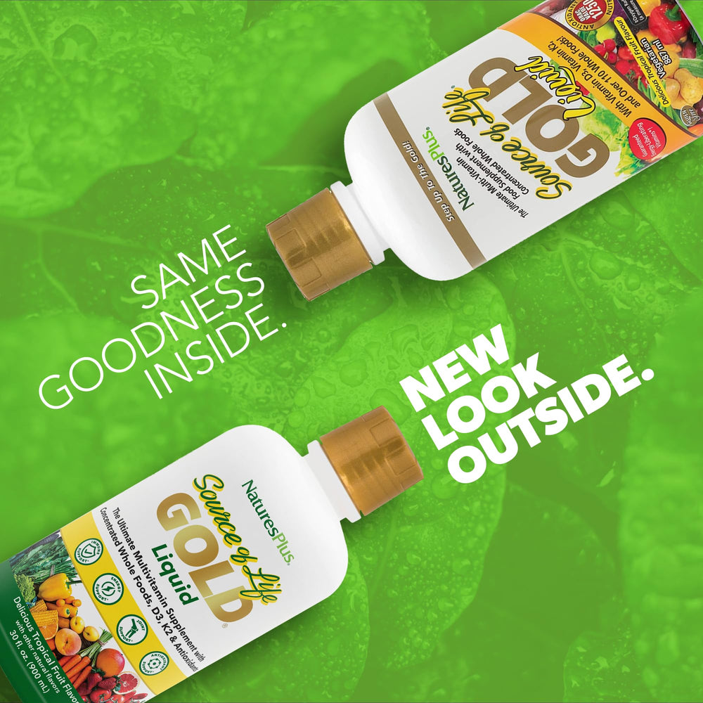 Pouring NaturesPlus Source of Life GOLD liquid reveals convenient tropical flavored supplement