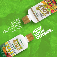 Pouring NaturesPlus Source of Life GOLD liquid reveals convenient tropical flavored supplement