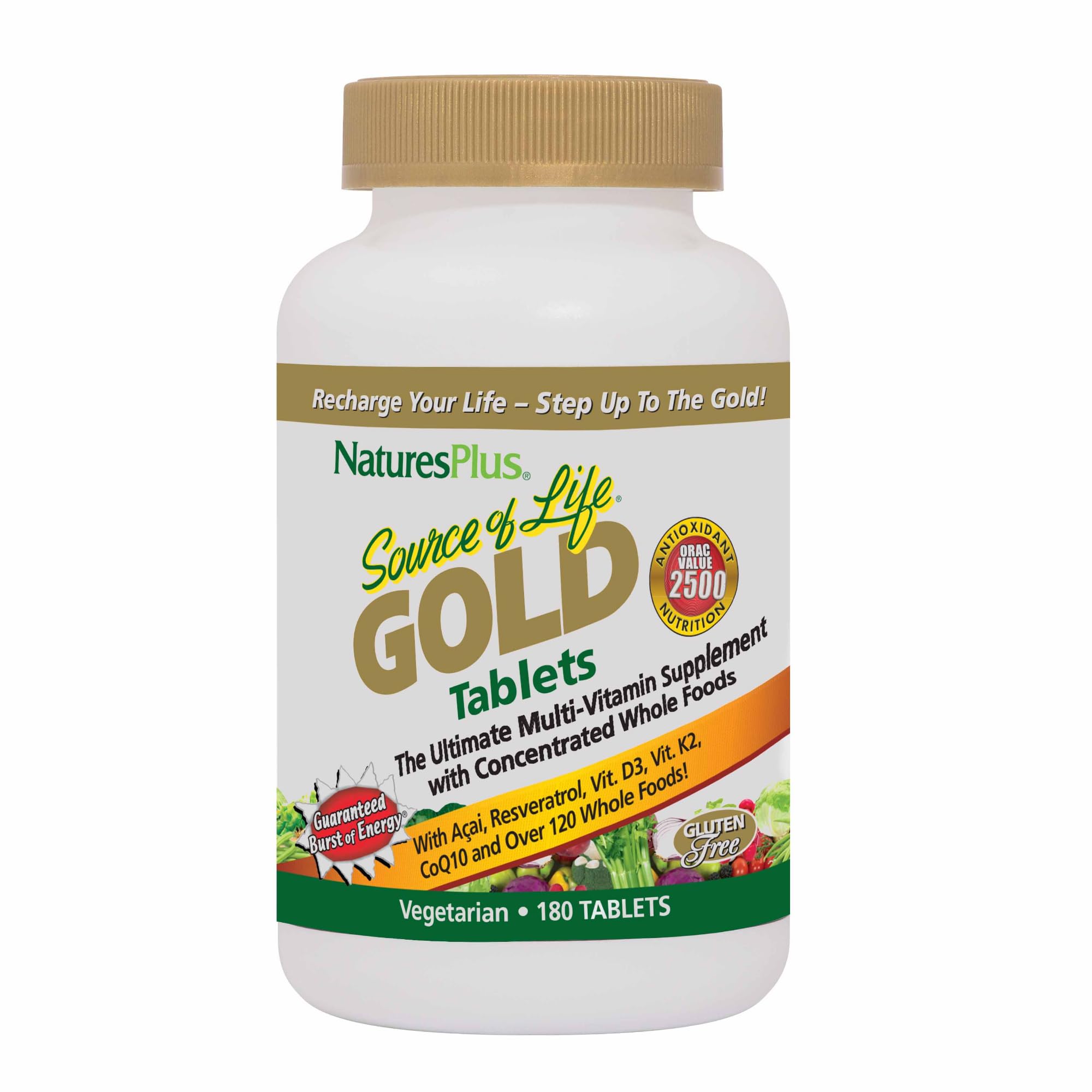 NaturesPlus Source of Life Gold tablets bottle showing daily energy support.