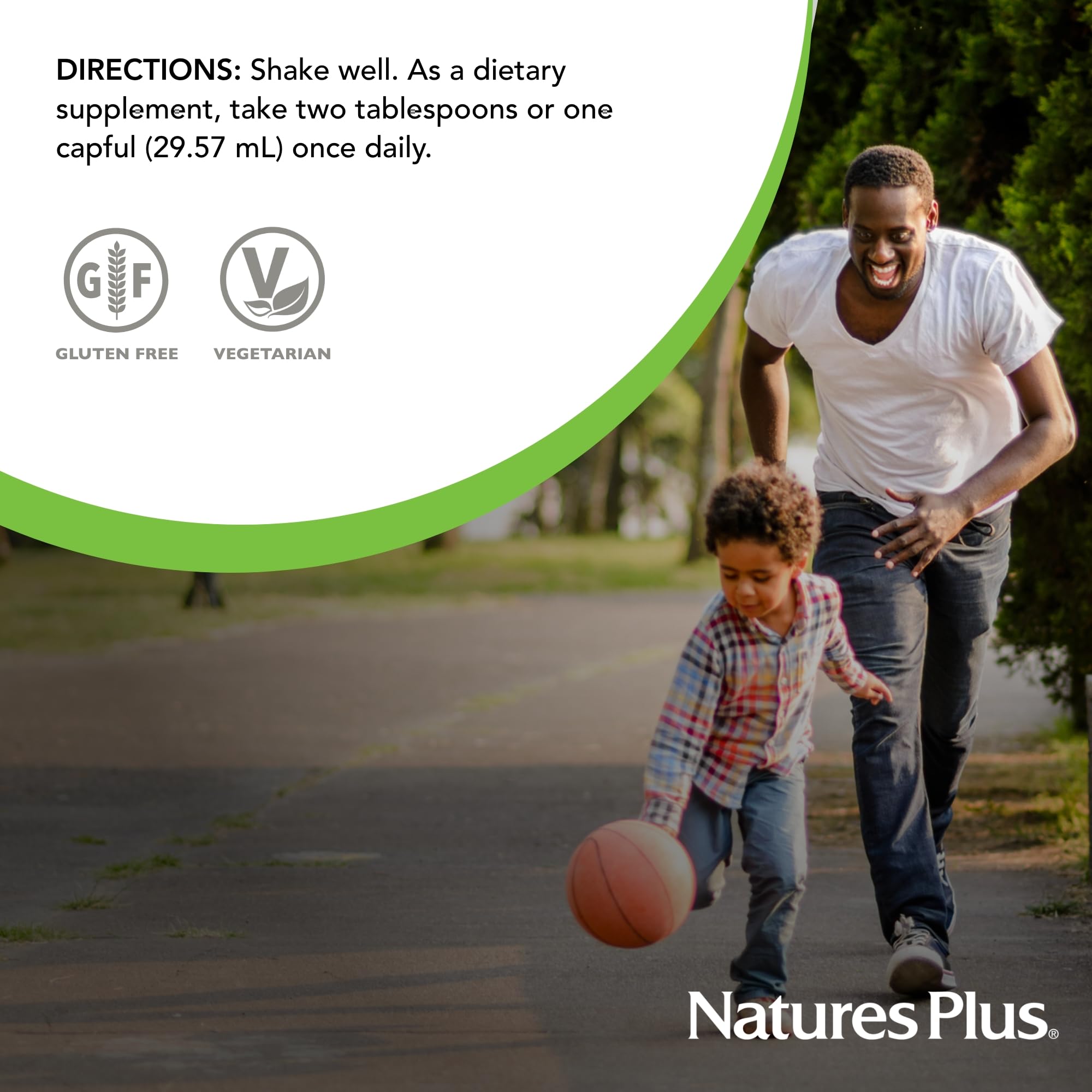 NaturesPlus Source of Life Liquid packaging emphasizes vegetarian and gluten-free attributes