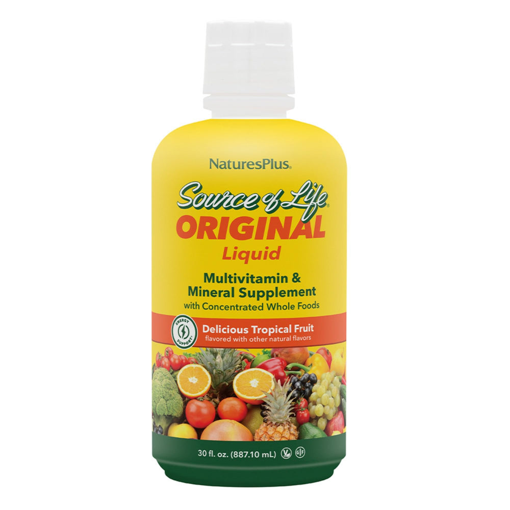NaturesPlus Source of Life Liquid tropical bottle viewed for daily energy and wellness